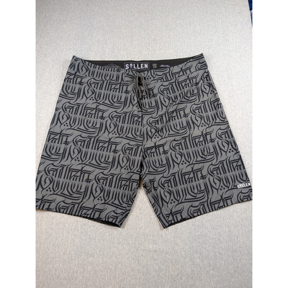 Sullen Art Collective Board Shorts Mens 38 Grey Black Script Graphic Swim Trunks